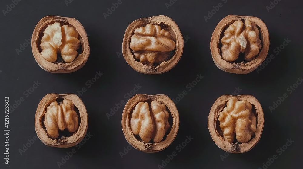 Walnuts and walnut halves arranged symmetrically on a dark black wooden board flat lay with rich brown textures and intricate details Walnuts and walnut halves arranged symmetrically on a dark black wooden board flat lay with rich brown textures and intricate details