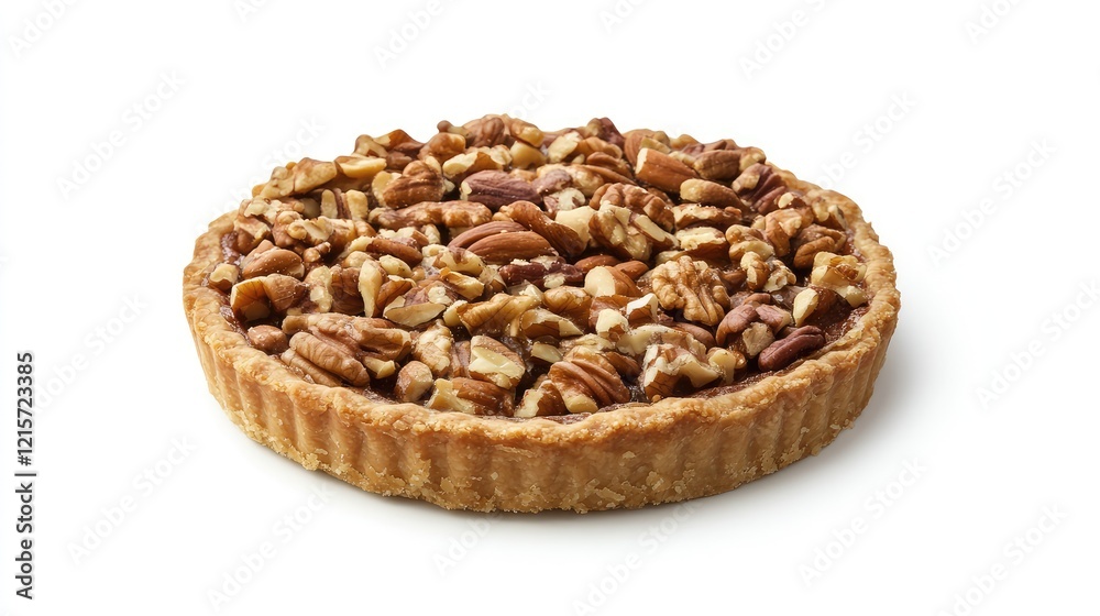 Delicious walnut pie with a golden crust topped with a mix of fresh walnuts and pecans on a clean white background. Delicious walnut pie with a golden crust topped with a mix of fresh walnuts and pecans on a clean white background.