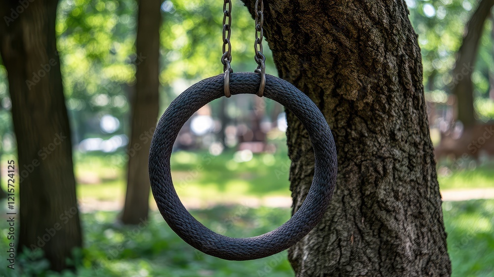 Wall Mounted Gymnastic Ring in Green Park Hanging from Tree Branch with Nylon Rope and Metal Chain for Swinging and Balance Training Wall Mounted Gymnastic Ring in Green Park Hanging from Tree Branch with Nylon Rope and Metal Chain for Swinging and Balance Training