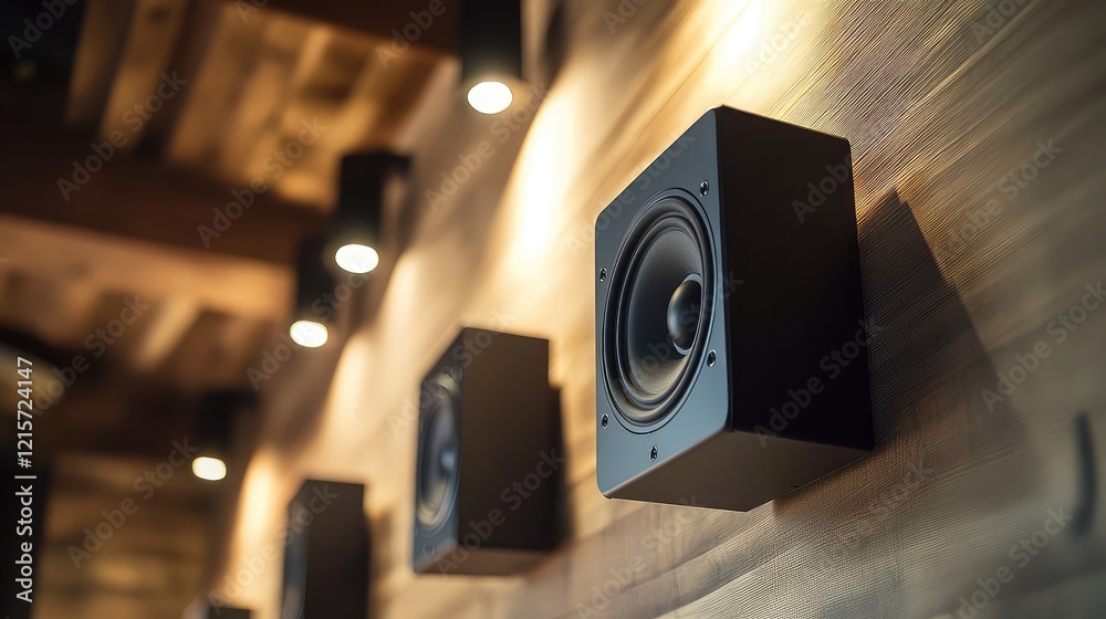 Wall Mounted Black Loudspeakers Illuminated by Warm Ceiling Spotlights in Cozy Wood Paneled Room Environment