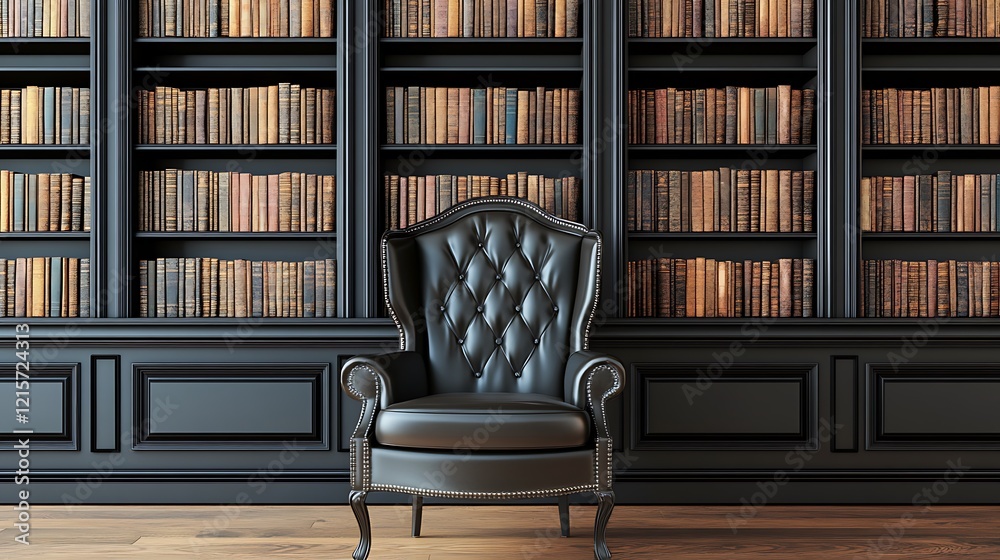Black Leather Chair in a Classic Library Setting Black Leather Chair in a Classic Library Setting