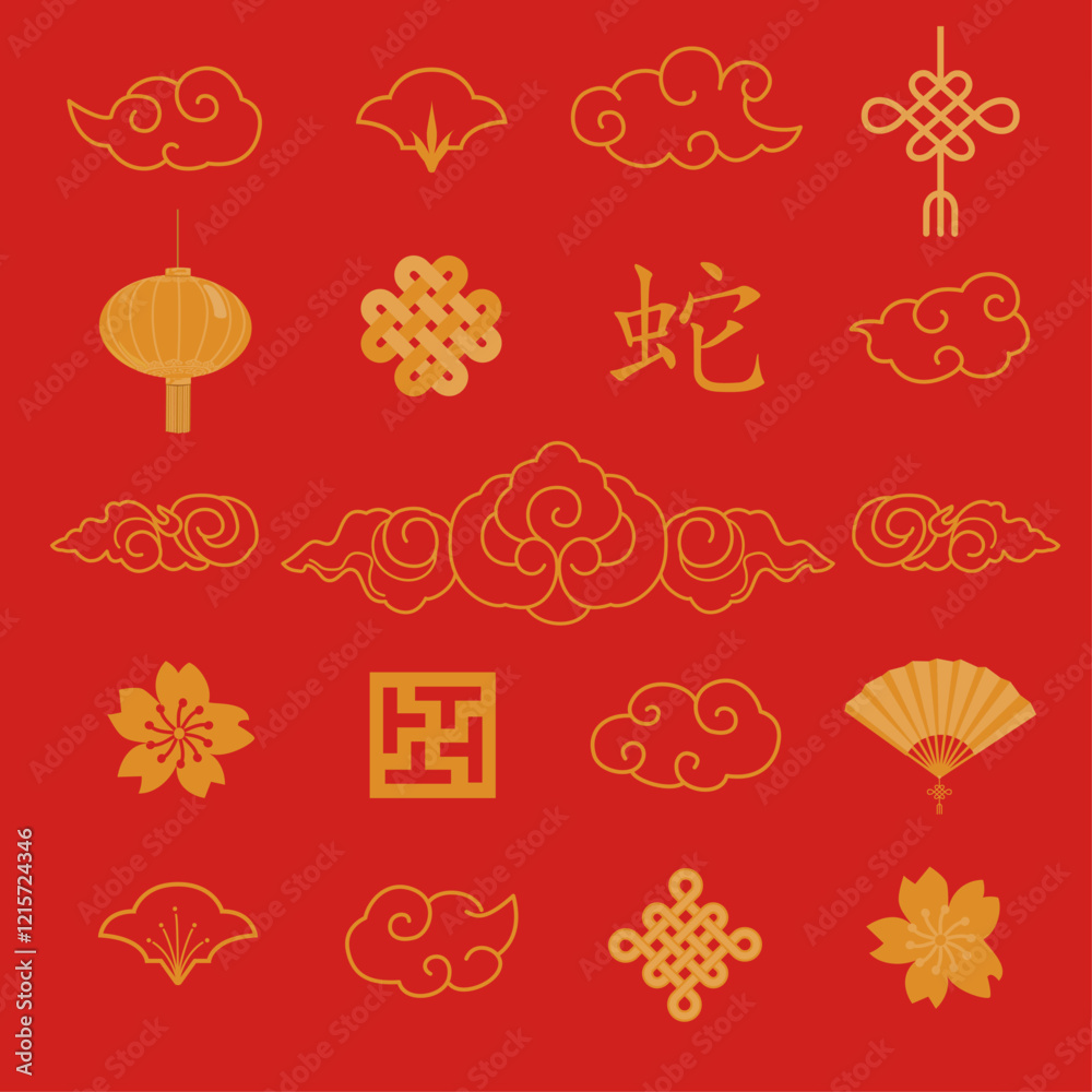 Conjunto de elementos decorativos del año nuevo chino de la serpiente 2025 de color dorado sobre fondo rojo