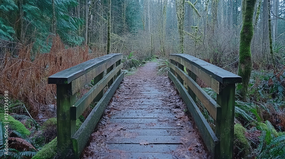 Serene Wooden Bridge Over a Misty Pathway in Lush Green Forest Surrounded by Ferns and Tall Trees During Foggy Weather Serene Wooden Bridge Over a Misty Pathway in Lush Green Forest Surrounded by Ferns and Tall Trees During Foggy Weather