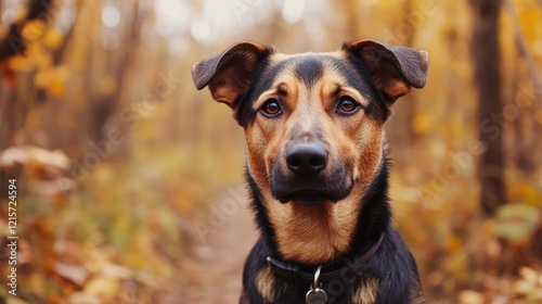 Mixed Breed Dog Portrait in Autumn Park Trail Surrounded by Golden Leaves and Soft Focus Background with Copy Space for Text photo