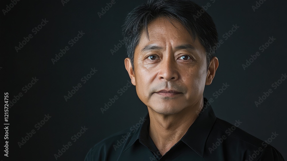 Obraz premium Confident Asian man in black shirt against dark background exuding tranquility and poise with soft lighting and subtle facial expression