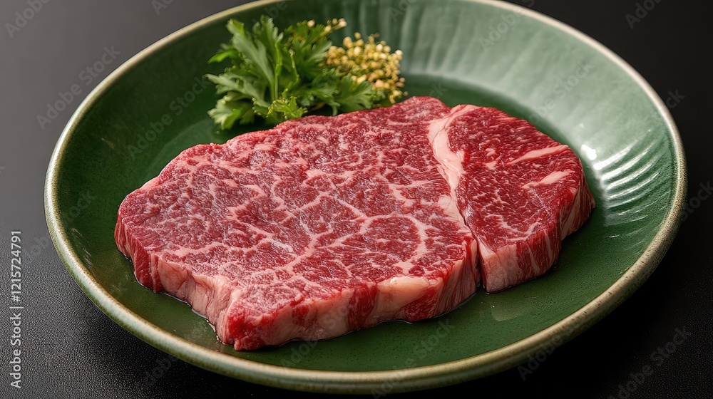 Raw Wagyu Beef Steak displayed on a vibrant green plate garnished with fresh parsley and peppercorns against a dark background Raw Wagyu Beef Steak displayed on a vibrant green plate garnished with fresh parsley and peppercorns against a dark background