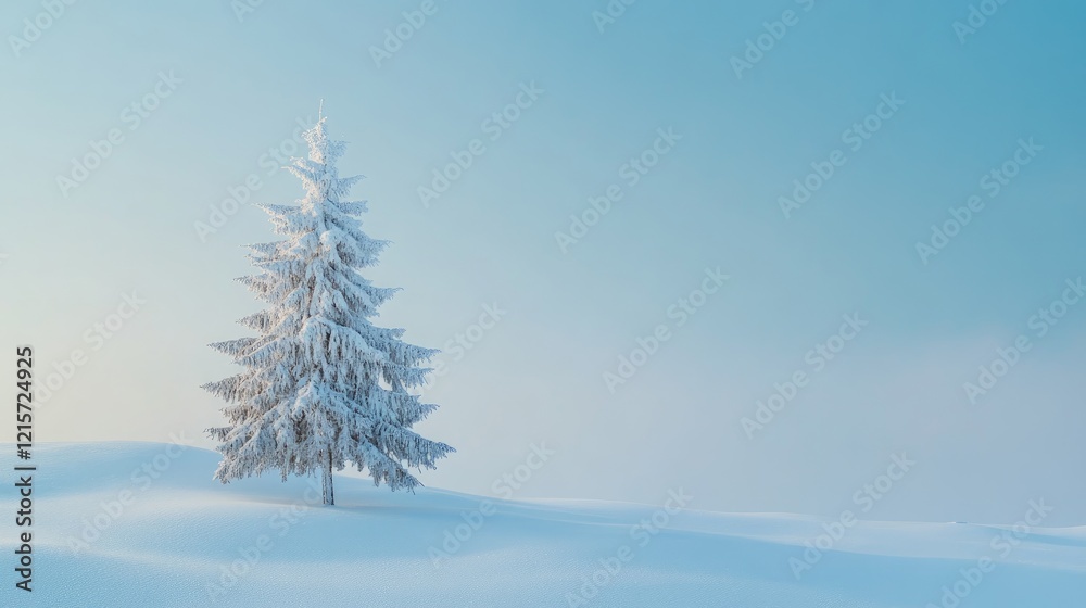 Fototapeta premium Serene winter landscape featuring a snow-covered fir tree amidst soft snowdrifts under a clear blue sky ideal for seasonal promotions and backgrounds