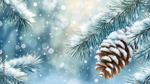 Snowy pine branches adorned with frost and a pine cone create a serene winter forest atmosphere with gently falling snowflakes.