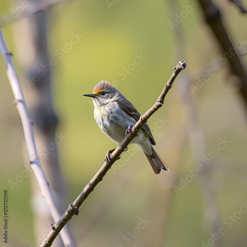 A ruby-crowned kinglet perched on a branch within the woodland forest of the Eastern Neck National Wildlife Refuge, Kent County, Rock Hall, Maryland. photo