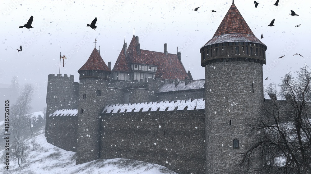 Fototapeta premium Majestic Stone Castle Winter Snow Birds Flying