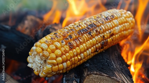 Roasting yellow corn on the cob over an open fire creating a warm and inviting outdoor cooking scene photo