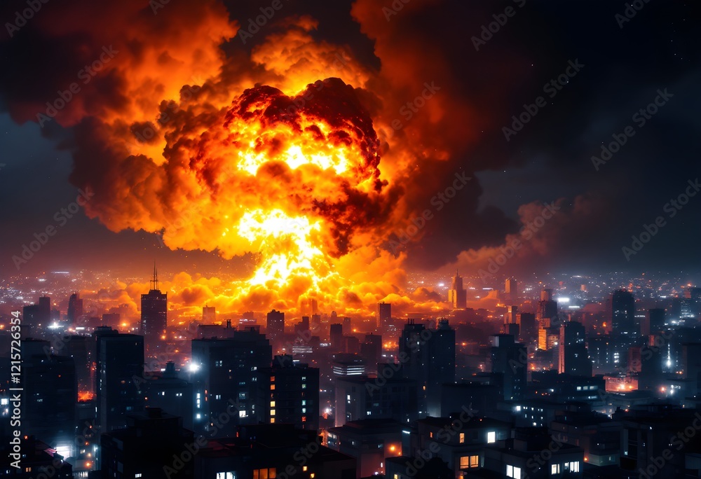 Fototapeta premium Devastating Explosion Above a Night City