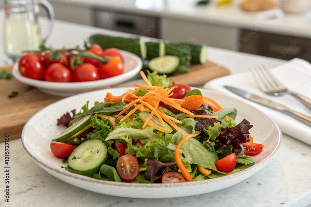 Fresh vegetable salad with dressing and greens Fresh vegetable salad with dressing and greens