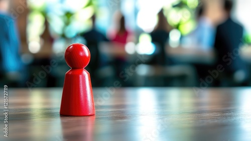 Red Wooden Figure Symbolizing Corporate Recruitment in Blurred Office Setting with Professional Team in Soft Focus Background and Natural Light photo