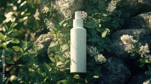 Cosmetic Spray Bottle Mockup in Lush Greenery with Natural Rocks and Flowers, Soft Natural Lighting, Horizontal Orientation