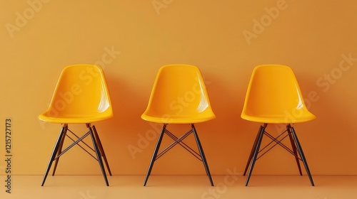 Trio of Bright Yellow Chairs Against a Vibrant Orange Wall for Modern Interior Design Concepts photo