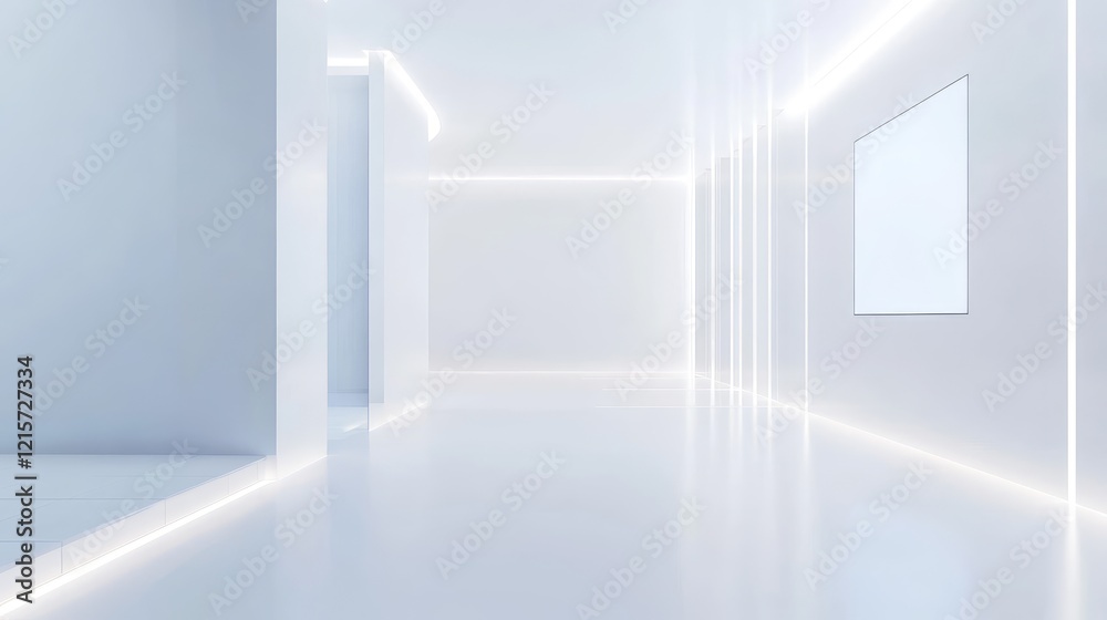 Obraz premium Bright White Shopping Mall Interior with Digital Screen Space for Advertisement Mockup in Well-Lit Empty Area and Sleek Modern Design