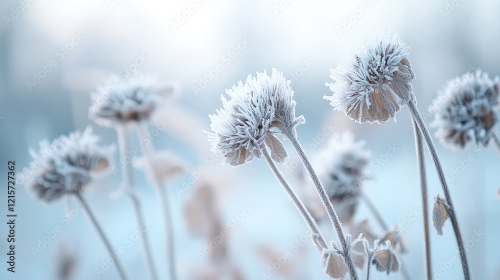 Frosted dried flowers creating a serene winter atmosphere with delicate hoarfrost on pale petals in a soft blue landscape. Frosted dried flowers creating a serene winter atmosphere with delicate hoarfrost on pale petals in a soft blue landscape.