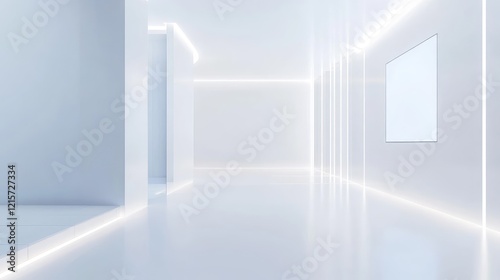 Bright White Shopping Mall Interior with Digital Screen Space for Advertisement Mockup in Well-Lit Empty Area and Sleek Modern Design