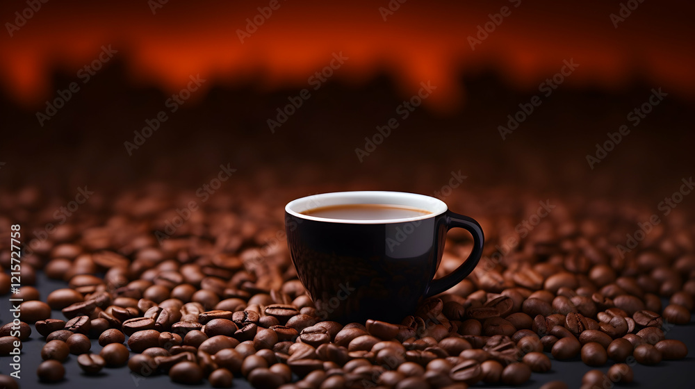 Minimalist composition of a black coffee cup against a backdrop of roasted beans Minimalist composition of a black coffee cup against a backdrop of roasted beans