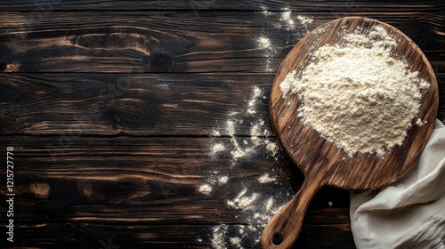 Cornmeal Poured on Rustic Wooden Board with Empty Space for Cooking and Baking in Earthy Tones on Dark Brown Background photo