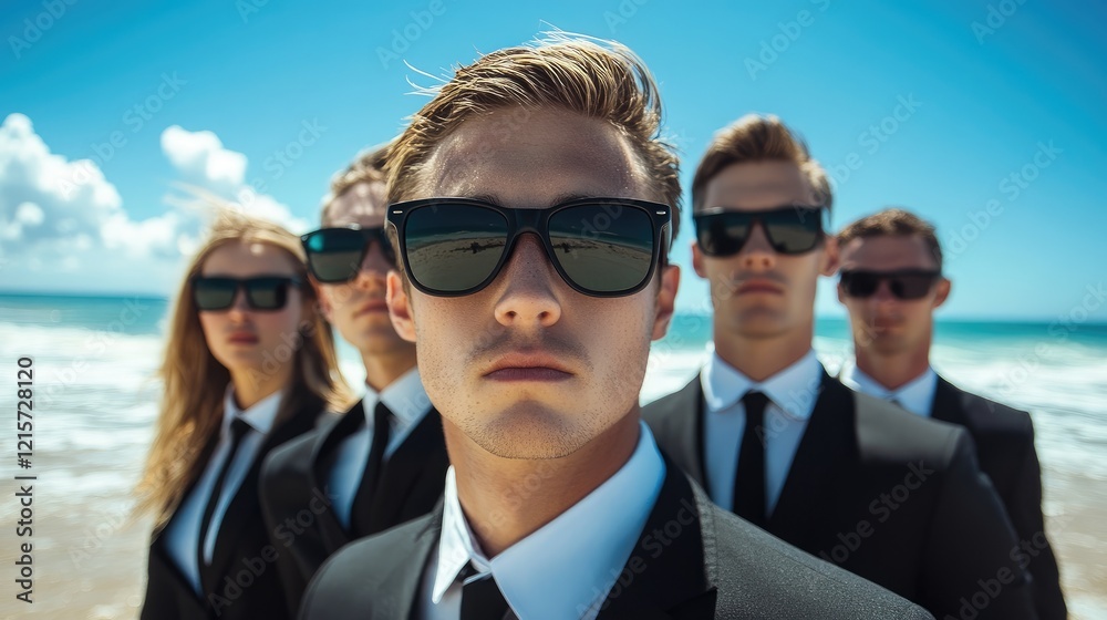Corporate Team in Black Suits and Sunglasses Posing at Sunny Beach with Blue Sky and Ocean Waves Stylish Group Portrait with Copyspace Corporate Team in Black Suits and Sunglasses Posing at Sunny Beach with Blue Sky and Ocean Waves Stylish Group Portrait with Copyspace