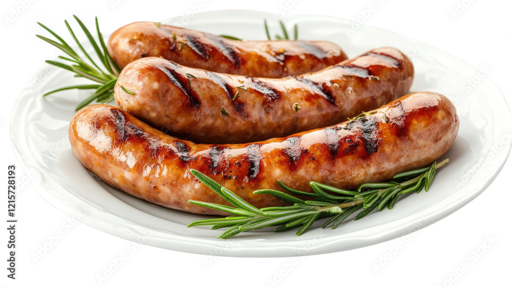 three grilled sausages arranged on a white plate. garnished with fresh rosemary sprigs. showcasing a delicious and appetizing presentation ideal for a meal or barbecue setting three grilled sausages arranged on a white plate. garnished with fresh rosemary sprigs. showcasing a delicious and appetizing presentation ideal for a meal or barbecue setting