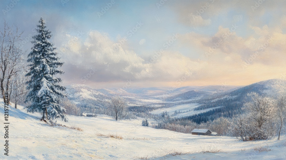 Serene winter landscape in the mountains with snow-covered hills and a peaceful valley at sunrise Serene winter landscape in the mountains with snow-covered hills and a peaceful valley at sunrise