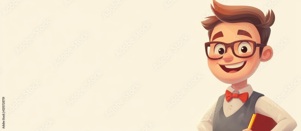 Cartoon smiling school teacher character with glasses in a gray vest holding a book on a neutral beige background with empty copy space for text Cartoon smiling school teacher character with glasses in a gray vest holding a book on a neutral beige background with empty copy space for text