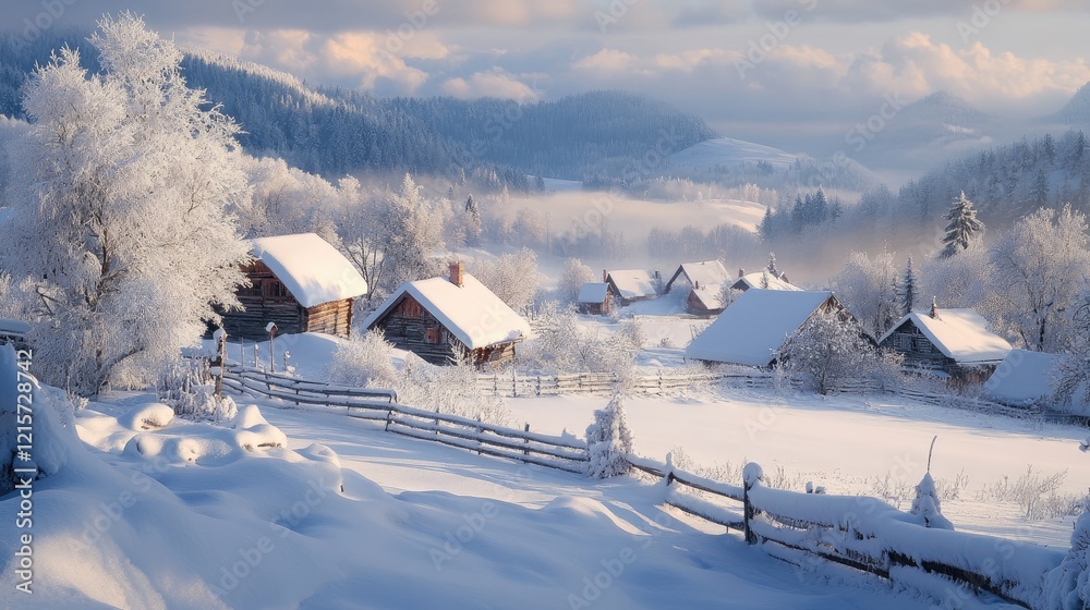 Winter scenic view of a tranquil mountain village in the Carpathian region surrounded by snow-covered trees and serene landscape. Winter scenic view of a tranquil mountain village in the Carpathian region surrounded by snow-covered trees and serene landscape.