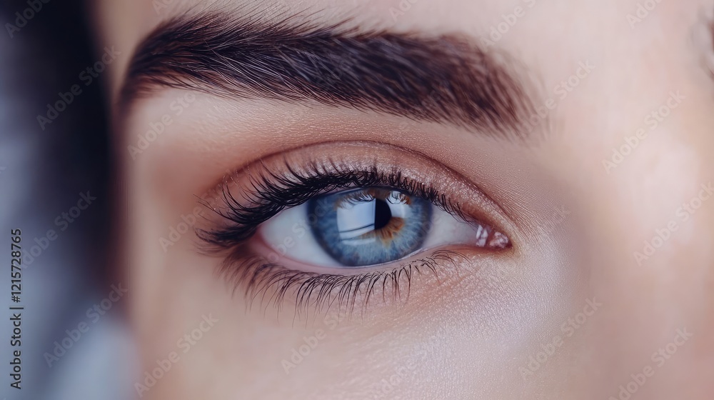 Obraz premium Close up of a blue-eyed female model receiving microblading eyebrow procedure by a cosmetologist using a special needle for permanent makeup.