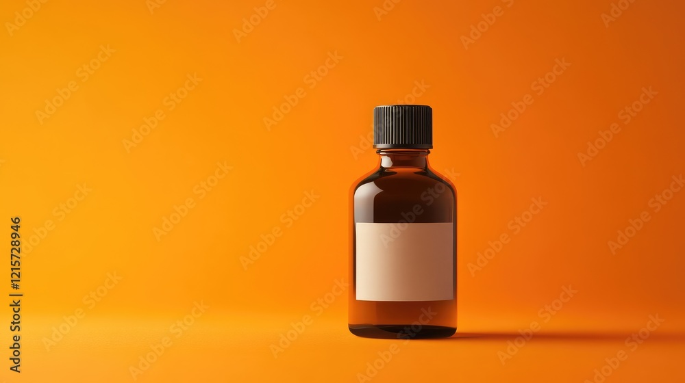 Cosmetics bottle with blank label on vibrant orange background for mockup design, showcasing amber glass and black cap, studio photography. Cosmetics bottle with blank label on vibrant orange background for mockup design, showcasing amber glass and black cap, studio photography.