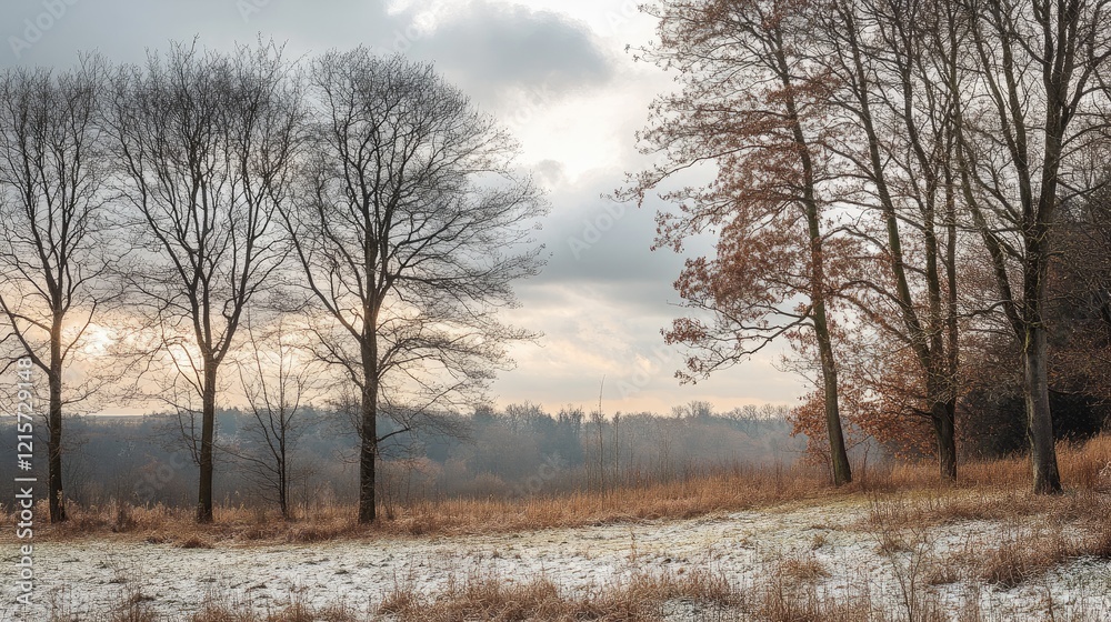 Winter forest landscape with bare trees and serene atmosphere highlighting environmental conservation and natural beauty in a panoramic view. Winter forest landscape with bare trees and serene atmosphere highlighting environmental conservation and natural beauty in a panoramic view.