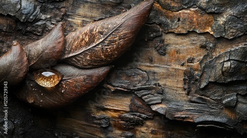 Tree wing seeds with water droplet against textured wooden backdrop showcasing natural beauty and organic elements in close-up view photo