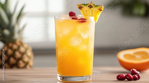 Refreshing Yellow Crush Cocktail with Pineapple, Orange, Cranberry, Pomegranate Juice and Lemonade served over ice garnished with pineapple.