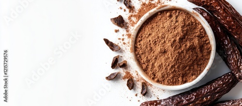 Carob powder in a white bowl with scattered powder and pods on a bright white background showcasing natural health benefits and wellness concepts.