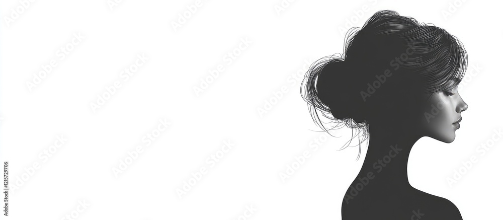 Cascading bun hairstyle silhouette in profile against a stark white background with ample negative space for customizable text elements. Cascading bun hairstyle silhouette in profile against a stark white background with ample negative space for customizable text elements.