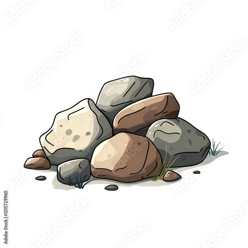 a stylized illustration of a pile of rocks. featuring various shapes and sizes. with some grass elements surrounding the stones it serves as a graphic resource that can be used in various designs. suc