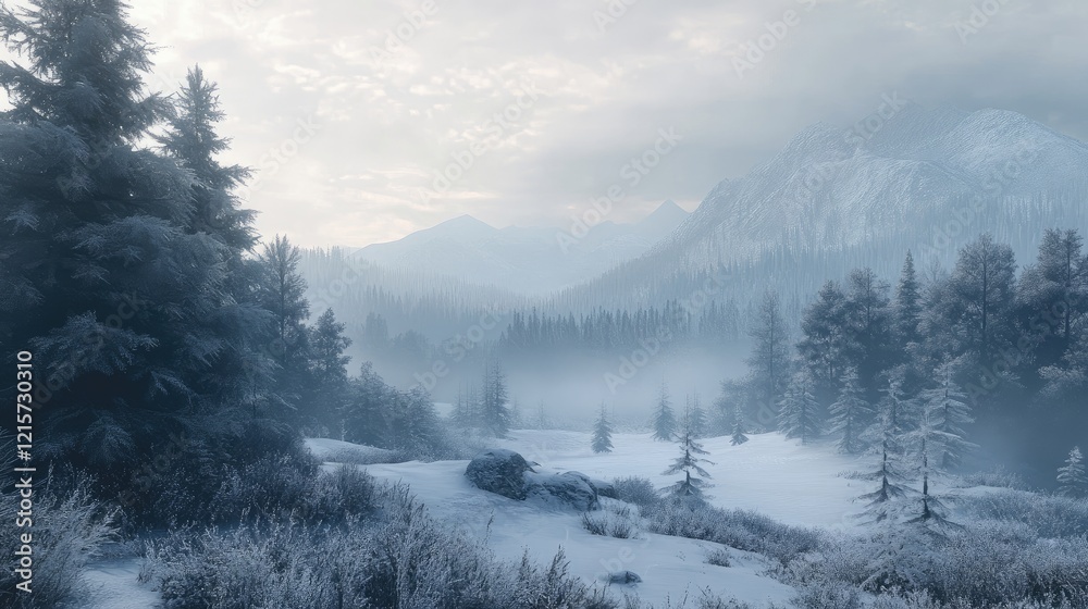 Fototapeta premium Serene winter landscape with frosted trees, misty mountains, and fog enveloping a tranquil snowy scene.