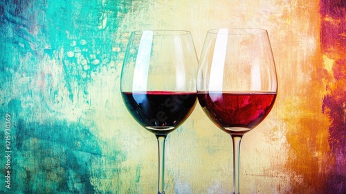 Elegant red and white wine glasses against a vibrant colorful abstract background ideal for celebrations and social gatherings
