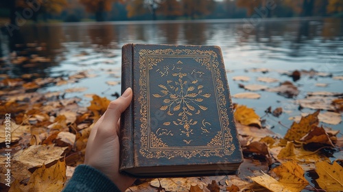Antique Book with Gold Detailing Held Above Autumn Leaves by Calm Water