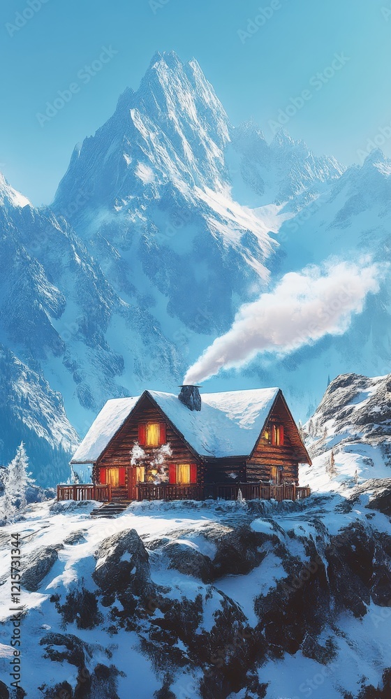 Cozy Log Cabin with Warm Lights in Snowy Mountain Landscape, Winter Wonderland Scene with Majestic Peaks, Perfect for Travel, Holidays, and Alpine Retreat Themes Cozy Log Cabin with Warm Lights in Snowy Mountain Landscape, Winter Wonderland Scene with Majestic Peaks, Perfect for Travel, Holidays, and Alpine Retreat Themes