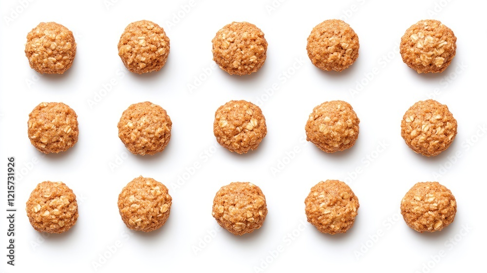 Aerial Arrangement of Whole Grain Cookies on a White Surface with Even Spacing and Natural Brown Coloration Aerial Arrangement of Whole Grain Cookies on a White Surface with Even Spacing and Natural Brown Coloration