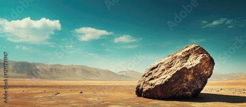 Barren rock in expansive desert landscape under clear sky with empty copyspace for text or graphics ideal for advertising or editorial use photo