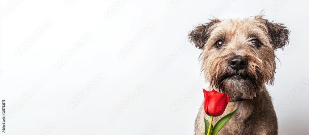 Glen of Imaal Terrier with rose on white background highlighting unique traits and ample space for text and design applications Glen of Imaal Terrier with rose on white background highlighting unique traits and ample space for text and design applications