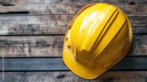 Yellow construction hard hat placed on rustic wooden surface showcasing safety equipment in industrial and construction settings
