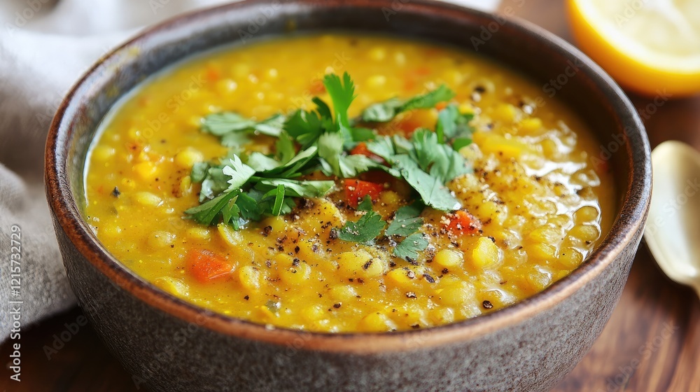 Hearty Yellow Curry Lentil Soup topped with fresh cilantro in a rustic bowl perfect for healthy meals and comforting flavors. Hearty Yellow Curry Lentil Soup topped with fresh cilantro in a rustic bowl perfect for healthy meals and comforting flavors.