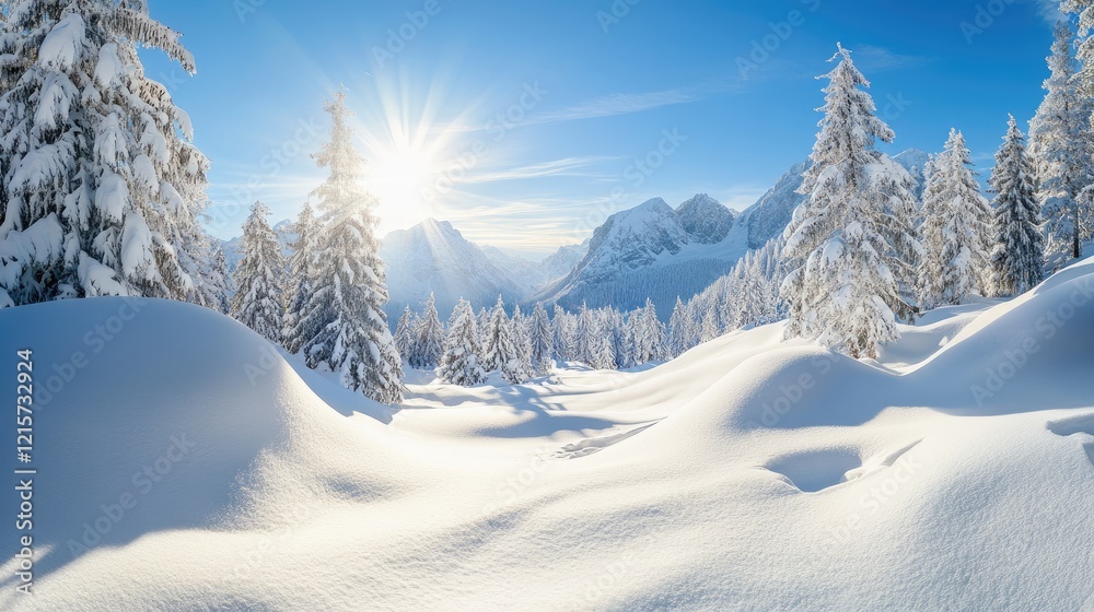 Serene winter landscape with sunlit mountains and snow-covered trees under a bright blue sky illuminating a tranquil snowy scene. Serene winter landscape with sunlit mountains and snow-covered trees under a bright blue sky illuminating a tranquil snowy scene.