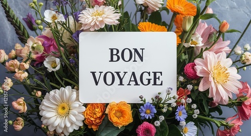 bon voyage lettering on plain white card on bouquet of flowers background photo