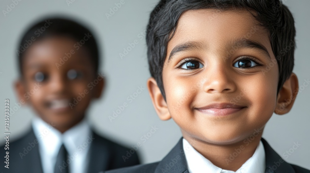 Children in suits smiling together symbolizing friendship and diversity with space for text on education and care initiatives Children in suits smiling together symbolizing friendship and diversity with space for text on education and care initiatives
